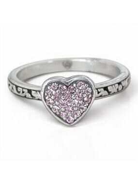 Brighton Rock Romance Filigree Ring Pink Crystal Pave Heart Silver Retired SZ 9